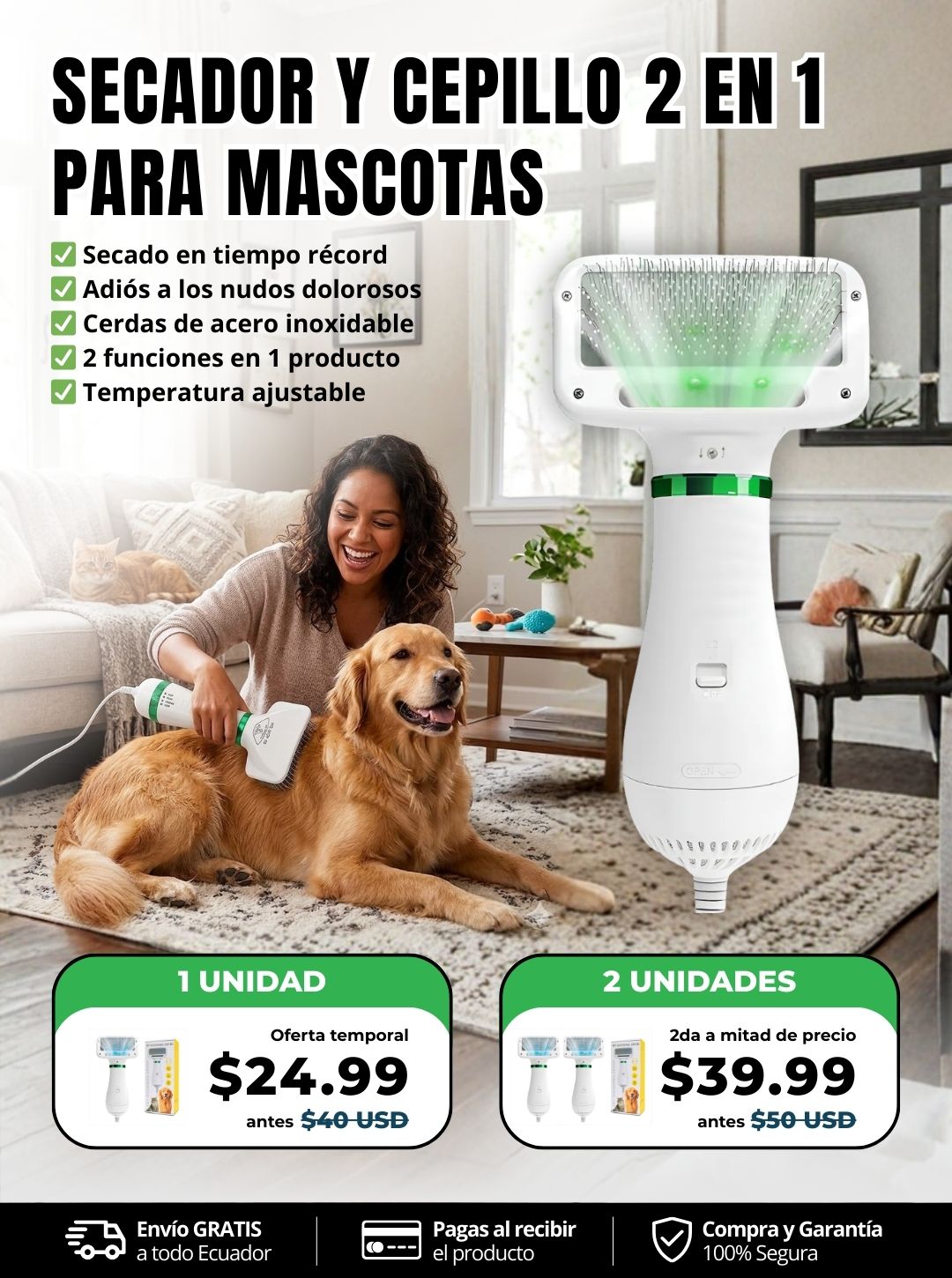 Secador y Cepillo 2 en 1 para Mascotas